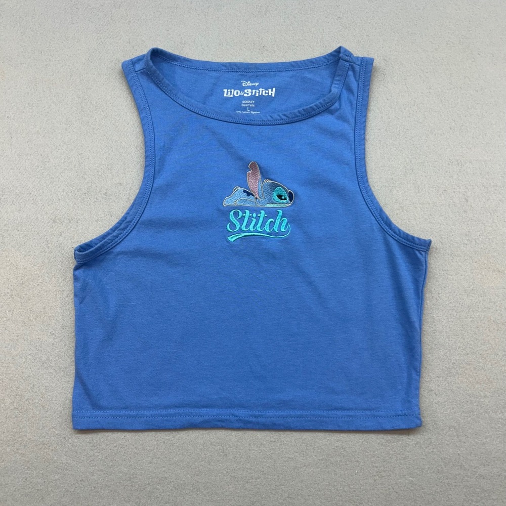 Disney Lilo & Stitch Blue Cropped Tank Top Embroidered Graphic kids L womens XS